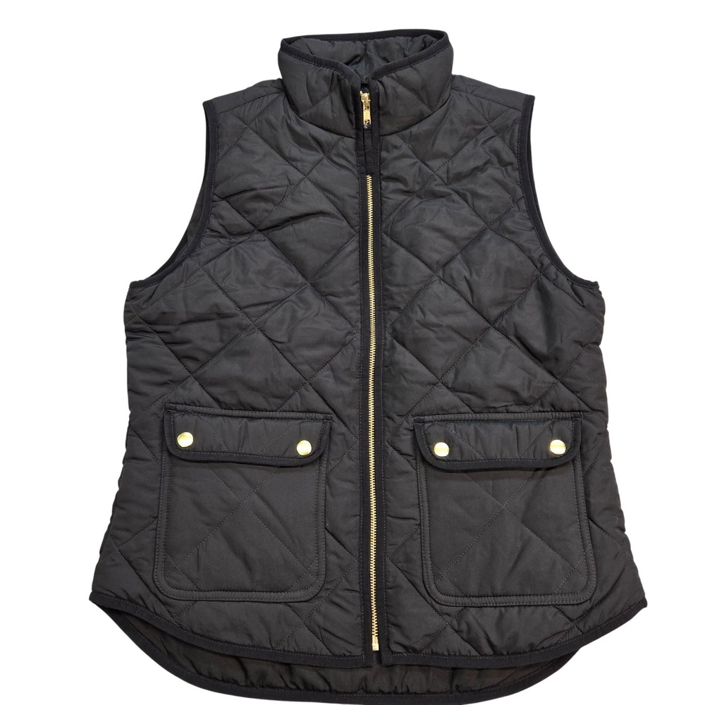 J.CREW Vest Womens S Black Quilted Padded Lined Full Zip Pockets Taffeta